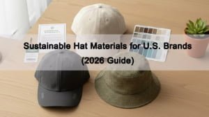 Sustainable hat materials for U.S. brands: organic cotton, recycled polyester and hemp with swatches and certification documents on a sourcing table
