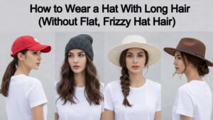 collage of hat hairstyles for long hair including baseball cap beanie wide brim hat and fedora