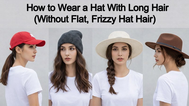 collage of hat hairstyles for long hair including baseball cap beanie wide brim hat and fedora