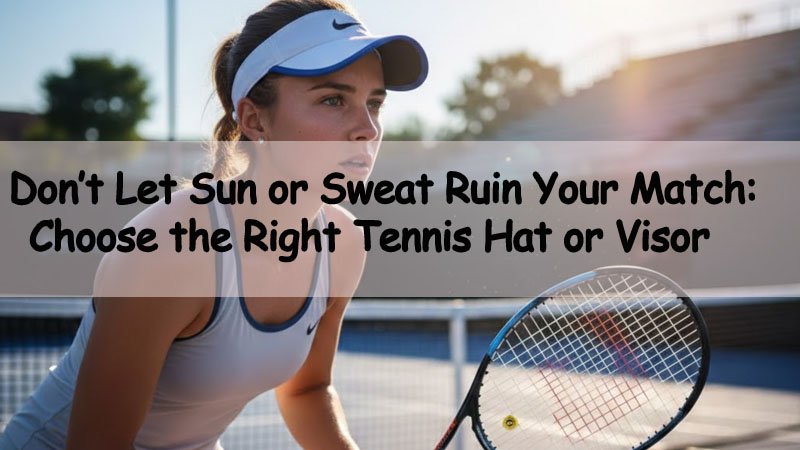 Tennis player on an outdoor court wearing a visor in bright sun to reduce glare and manage sweat during a match