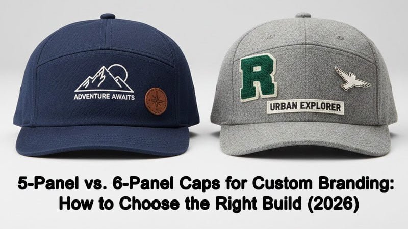 Side-by-side front view comparison of a 5-panel cap and a 6-panel cap for custom branding, showing clean front panel vs center seam.