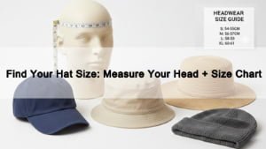 How to measure head circumference for hat size with tape measure, showing cap, bucket hat, straw hat and beanie with a size chart