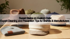 Custom hats collection showing cotton, leather, wool, and straw hats, symbolizing high-quality craftsmanship and sweat stain prevention.