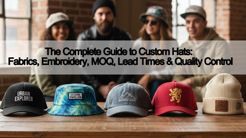 Various custom hats including baseball caps, bucket hats, and dad caps arranged in a stylish display.