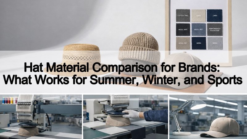 Hat material comparison for brands: summer straw and linen, winter wool felt, and sports polyester mesh caps