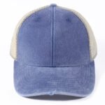 Denim trucker hat side angle showing breathable mesh construction