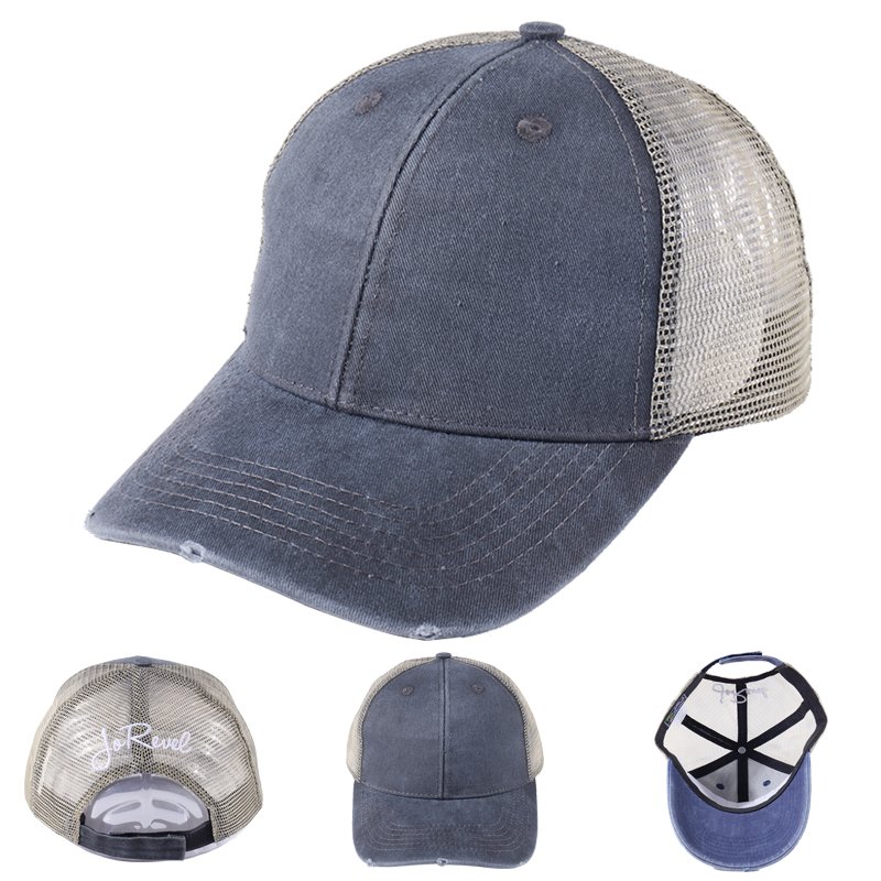 Custom denim trucker mesh hat front view for logo embroidery