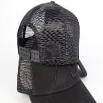 Close-up of flat embroidery on cotton trucker mesh hat
