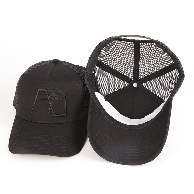 Breathable cotton and mesh trucker cap front and side view