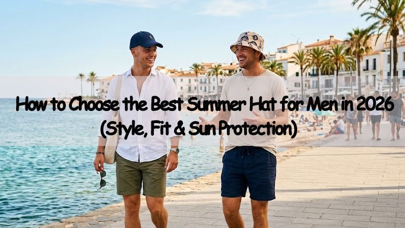Men wearing different summer hats including baseball cap, bucket hat and Panama hat for style and sun protection