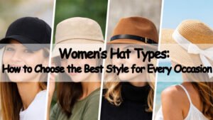 Different women’s hat styles including fedora, bucket hat, baseball cap, and sun hat