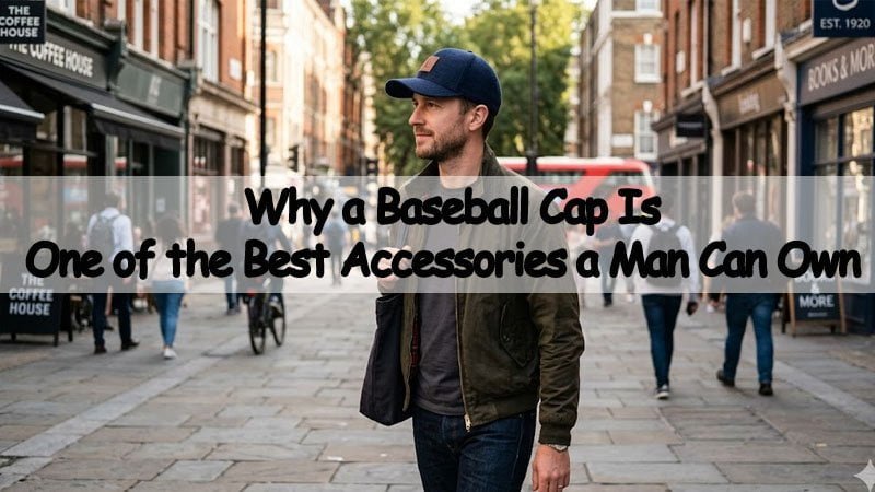 Man wearing a premium baseball cap in a casual urban setting