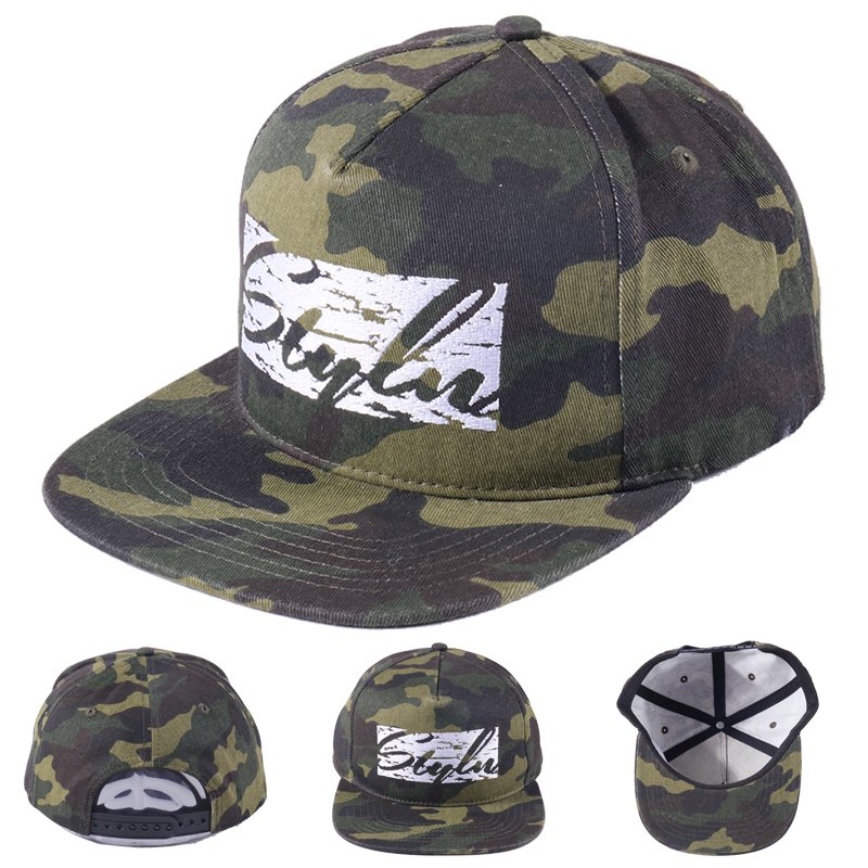 Custom cotton snapback hip-hop hat with flat brim and white embroidery logo