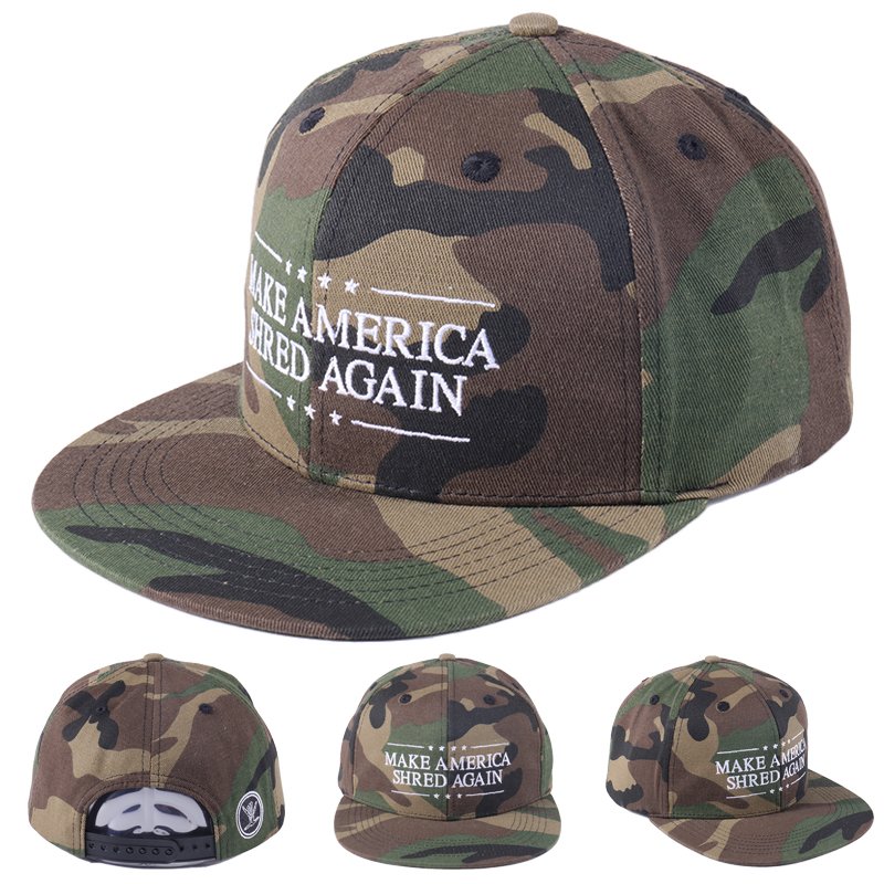 Structured camouflage snapback hat with flat brim and white embroidery