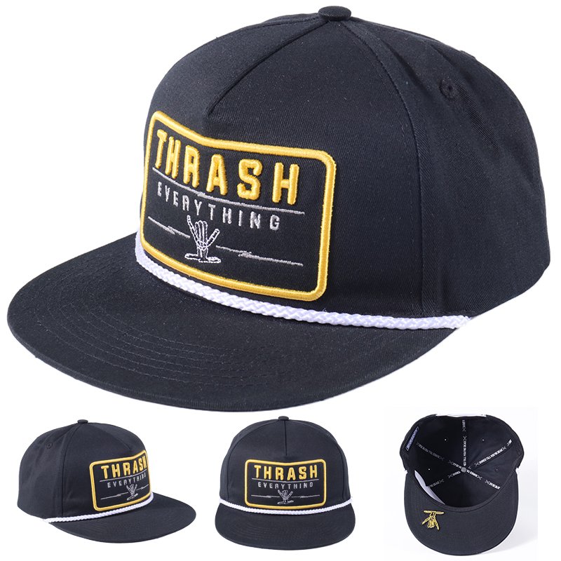 Custom embroidered snapback hat with flat brim in black cotton