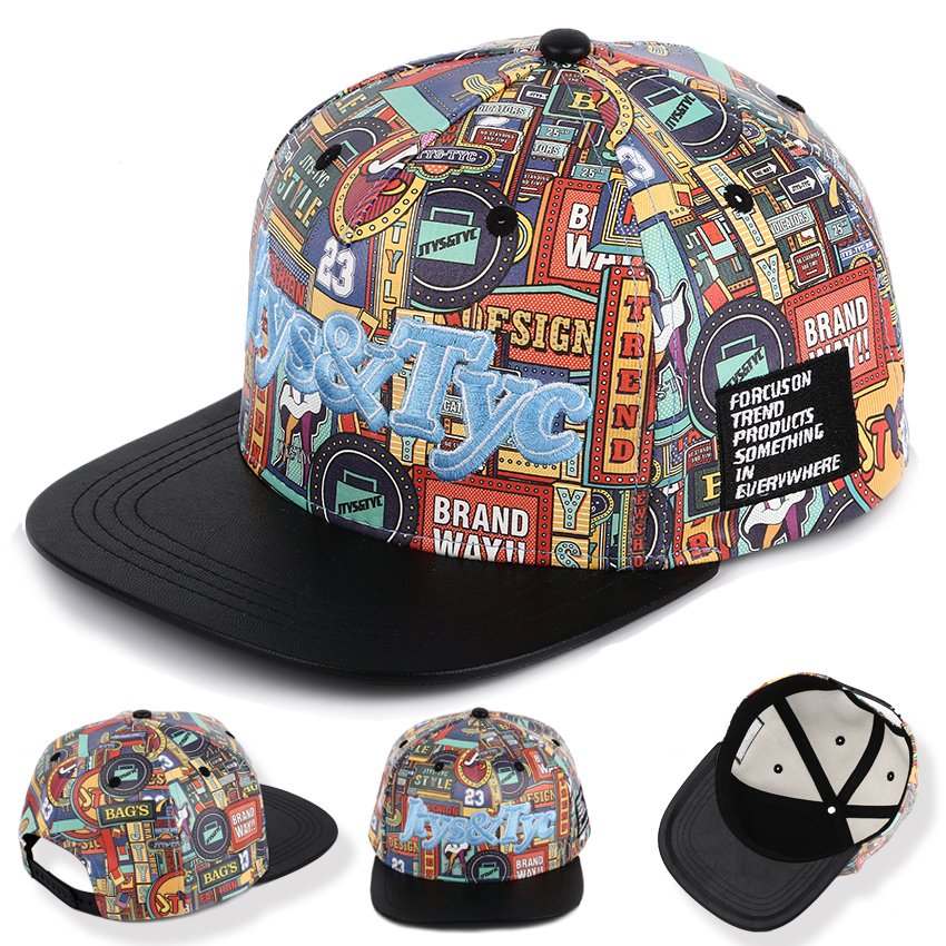 Custom embroidered snapback hat with appliqué logo and colorful printed design