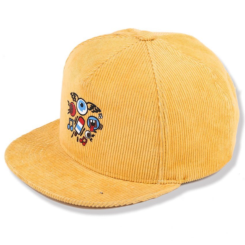 Yellow corduroy snapback hat with sublimation printed logo design