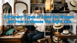 Different types of hats for women including baseball cap, bucket hat, fedora, beret, and sun hat