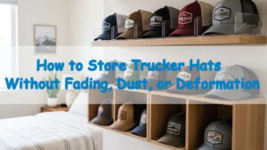 Neatly stored trucker hats on a clean shelf to prevent fading, dust, and deformation