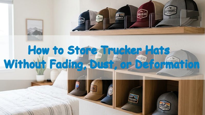Neatly stored trucker hats on a clean shelf to prevent fading, dust, and deformation