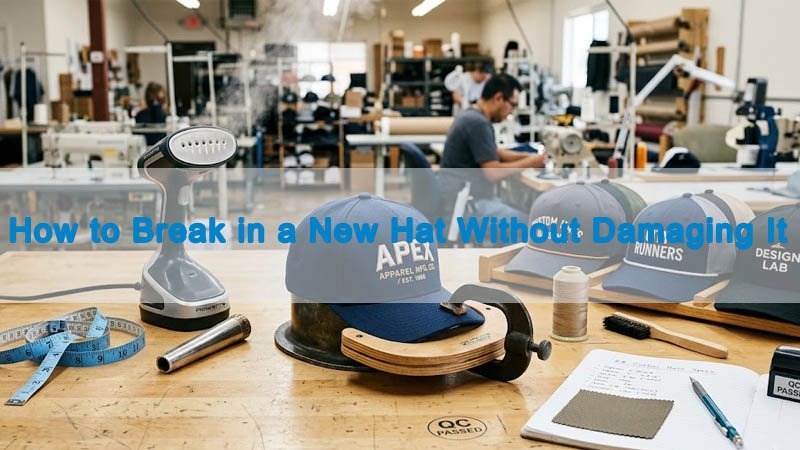 New custom baseball cap on a factory sampling table showing how to break in a new hat without damaging it