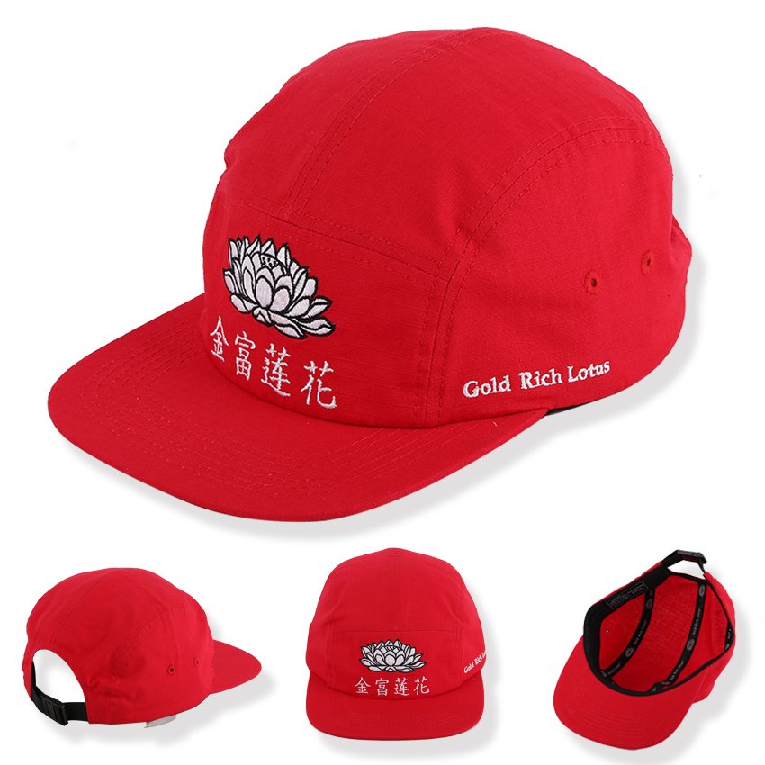 Custom embroidered red 5 panel camp cap with flat brim
