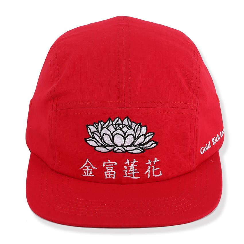 Cotton 5 panel cap with flat embroidery lotus logo
