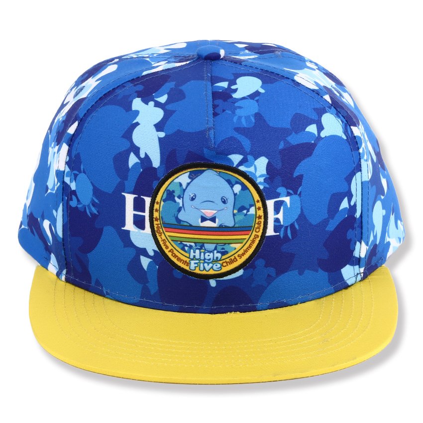 Blue printed snapback hat with yellow flat brim
