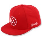 Red embroidered snapback hat with side logo for brand merchandise
