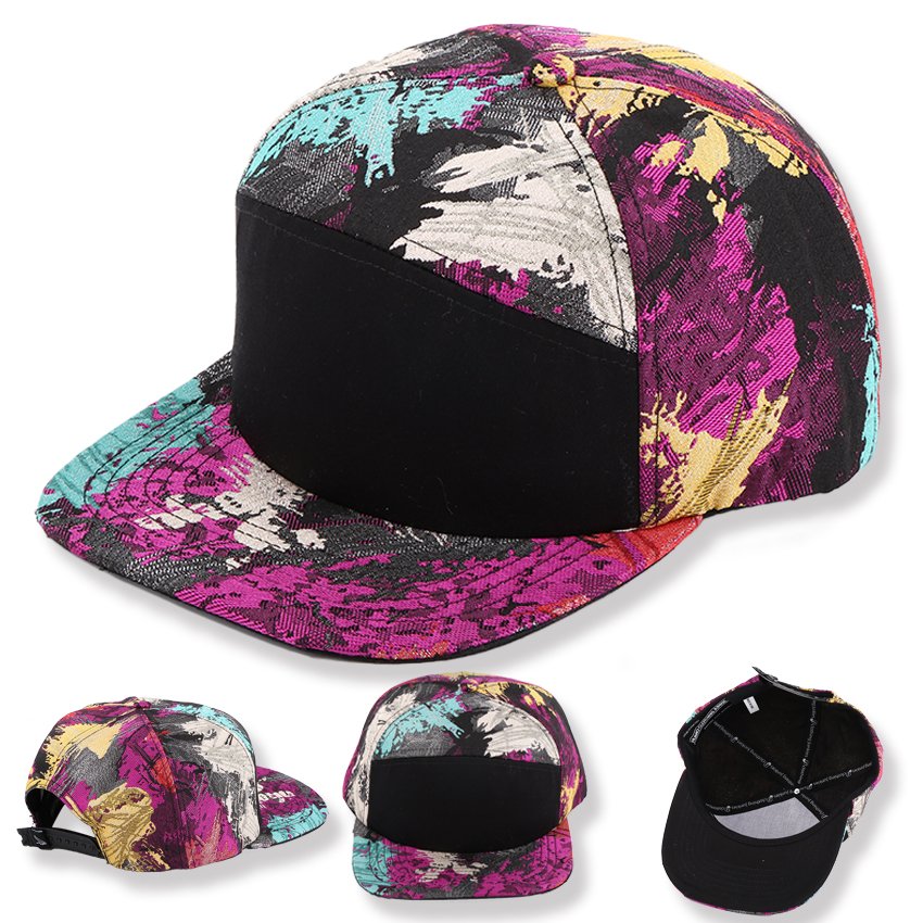 Flat brim snapback cap with black front panel for embroidery