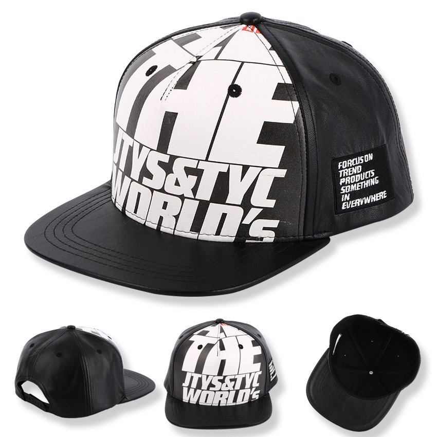 Faux leather hip-hop hat with flat brim and printed front design