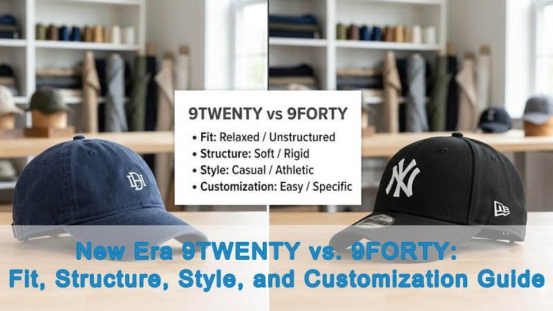 New Era 9TWENTY vs 9FORTY cap style comparison showing unstructured and structured custom hats