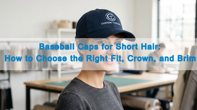Short-haired model wearing a custom embroidered baseball cap