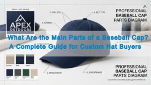Baseball cap parts diagram showing crown brim closure eyelets sweatband and logo placement for custom hat buyers