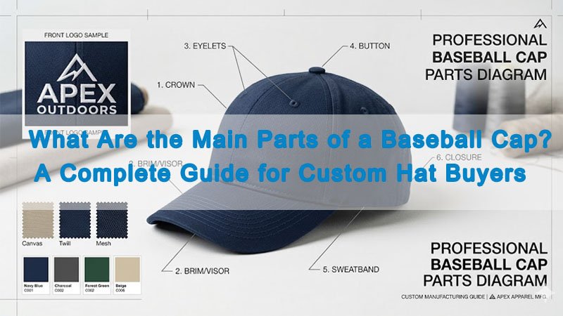 Baseball cap parts diagram showing crown brim closure eyelets sweatband and logo placement for custom hat buyers