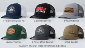 Custom trucker hats with embroidered logos and mesh backs for brands and events