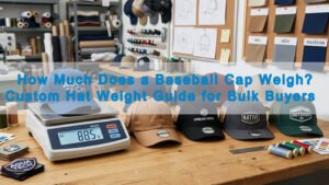 Custom baseball caps on a digital scale showing cap weight in grams for bulk buyers