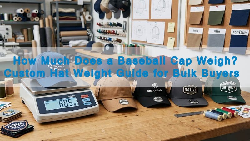 Custom baseball caps on a digital scale showing cap weight in grams for bulk buyers
