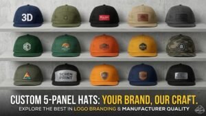 Custom 5-panel hats with embroidered and patch logos for brands and bulk buyers