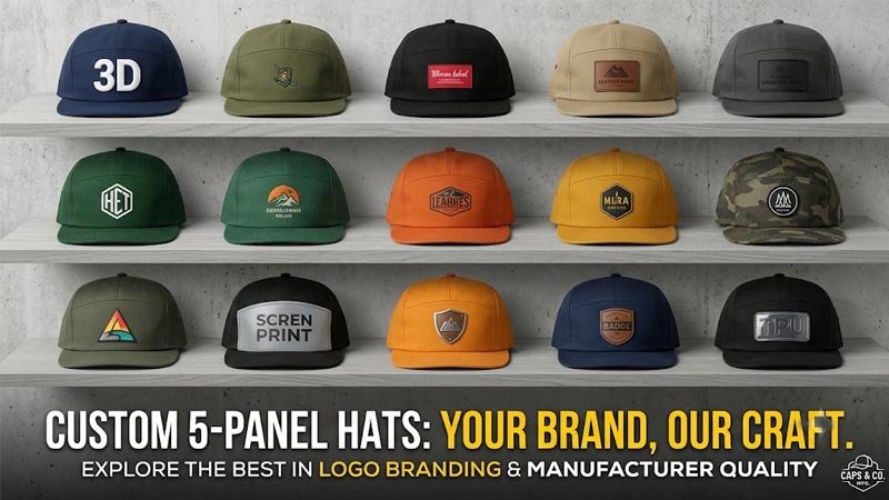 Custom 5-panel hats with embroidered and patch logos for brands and bulk buyers
