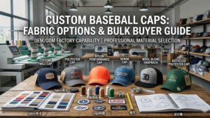 Custom baseball cap fabric options for bulk buyers with cotton, polyester, nylon, denim, and wool blend caps