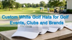Custom white golf hats with embroidered logo for golf events, clubs and brand promotion