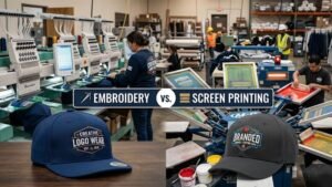 Embroidery vs screen printing for custom caps with logo decoration options for bulk buyers