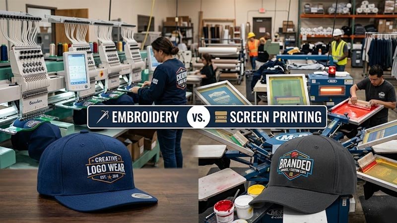 Embroidery vs screen printing for custom caps with logo decoration options for bulk buyers
